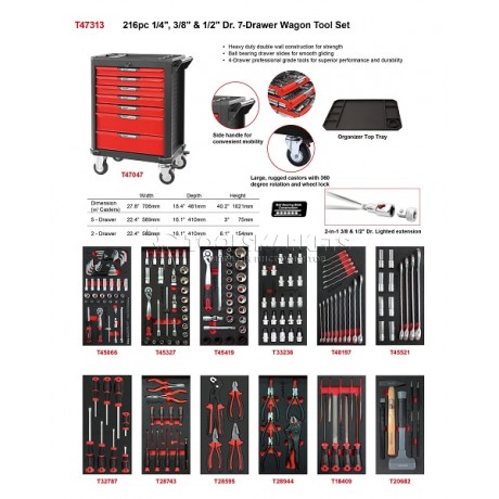 Тележка инструментальная красная с набором инструмента 216 предметов в мягких ложементах 7 ящиков AmPro T47313