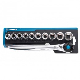 Набор торцевых головок, трещотка 120 зубьев, 1/2", CrV, 12 предметов GROSS GS-14138