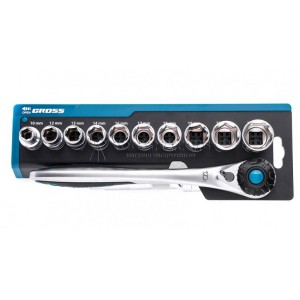 Набор торцевых головок, трещотка 120 зубьев, 1/2", CrV, 12 предметов GROSS GS-14138