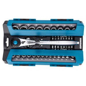 Набор торцевых головок, трещотка 120 зубьев, 1/2", 1/4", CrV, 41 предмет GROSS GS-14143