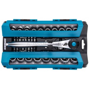 Набор торцевых головок, трещотка 120 зубьев, 1/2", CrV, 36 предметов GROSS GS-14144