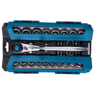 Набор торцевых головок, трещотка 120 зубьев, 1/2",3/8”, CrV, 36 предметов GROSS GS-14145