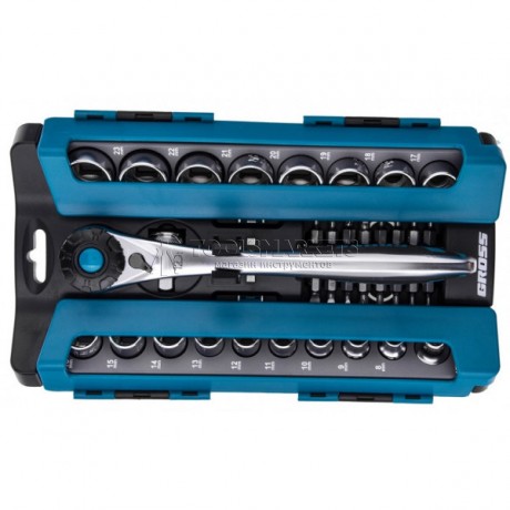 Набор торцевых головок, трещотка 120 зубьев, 1/2",3/8”, CrV, 36 предметов GROSS GS-14145