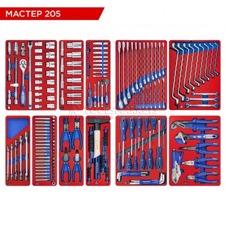 Набор инструментов 205 предметов, "МАСТЕР 205", для тележки, 11 ложементов МАСТАК 5-00205