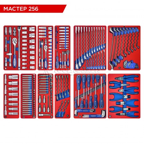 Набор инструментов 256 предметов, "МАСТЕР 256", для тележки, 11 ложементов МАСТАК 5-00256