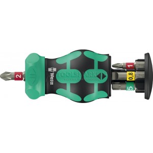 Короткая отвертка-битодержатель с трещоткой WERA 1/4" Kraftform Kompakt Stubby Magazin RA 1 6 предметов WE-008891