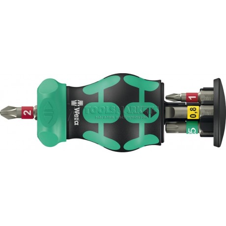 Короткая отвертка-битодержатель с трещоткой WERA 1/4" Kraftform Kompakt Stubby Magazin RA 1 6 предметов WE-008891