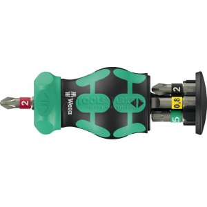 Короткая отвертка-битодержатель с трещоткой WERA 1/4" Kraftform Kompakt Stubby Magazin RA 2 6 предметов WE-008892