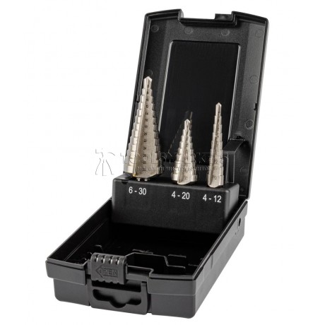 Набор свёрл ступенчатых, 3 пр., HSS, Gr.1/2/3, Ø4-12, 4-20, 6-30 мм, прямая канавка, трёхплоскостной хвостовик ZALTAR ZA-05332 Набор свёрл ступенчатых, 3 пр., HSS, Gr.1/2/3, Ø4-12, 4-20, 6-30 мм, прямая канавка, трёхплоскостной хвостовик ZALTAR ZA-05332