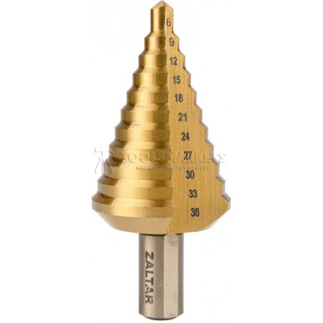 Сверло ступенчатое, HSS TiN, Ø9-36 мм, прямая канавка, трехплоскостной хвостовик ZALTAR ZA-05349
