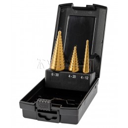 Набор свёрл ступенчатых, 3 пр., HSS TiN, Gr.1/2/3, Ø4-12, 4-20, 6-30 мм, прямая канавка, трёхплоскостной хвостовик ZALTAR ZA-05351