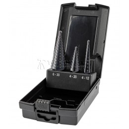 Набор свёрл ступенчатых, 3 пр., HSS TiAlN, Gr.1/2/3, Ø4-12, 4-20, 6-30 мм, прямая канавка, трёхплоскостной хвостовик ZALTAR ZA-50071