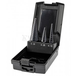 Набор свёрл ступенчатых, 3 пр., HSS TiAlN, Gr.1/2/3, Ø4-12, 4-20, 6-30 мм, прямая канавка, трёхплоскостной хвостовик ZALTAR ZA-50071